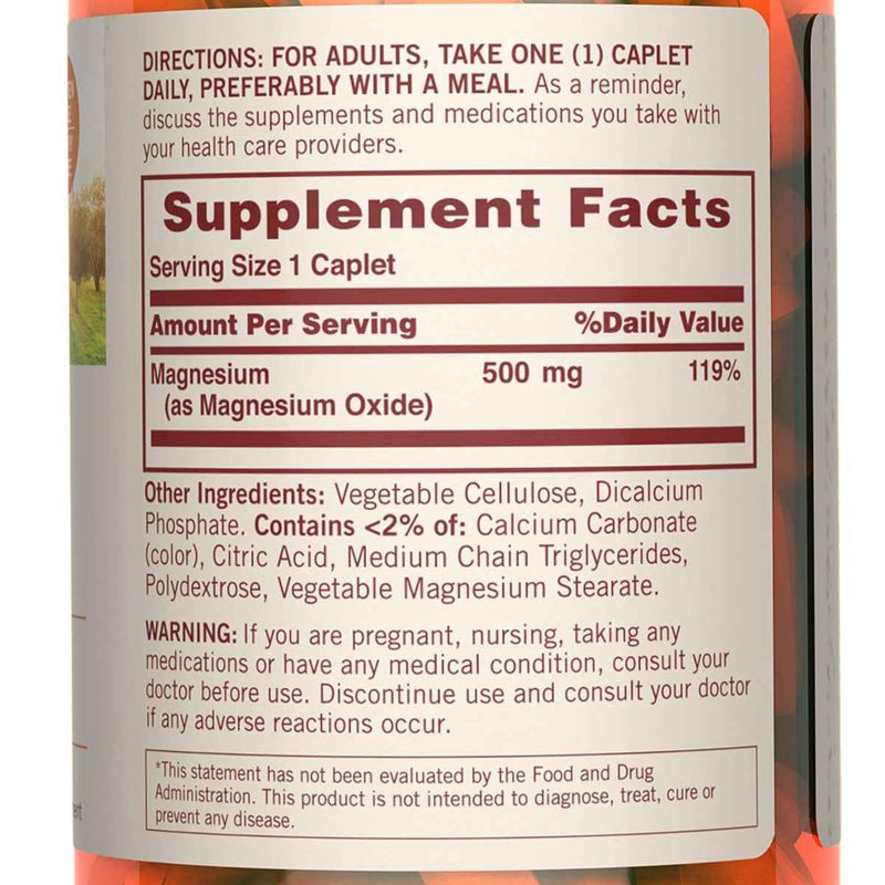 Sundown Magnesio 500 mg - 180 Capsulas Recubiertas - Tabla Nutricional - Puro Estado Físico