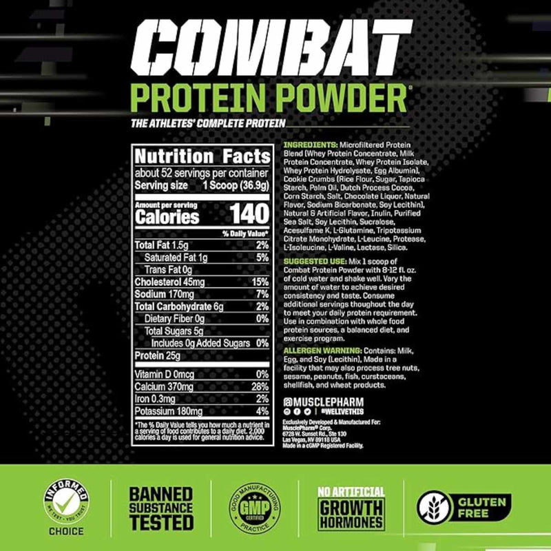 MusclePharm Proteína en Polvo - Sabor Galletas y Crema - 4 lb - Tabla Nutricional - Puro Estado Físico