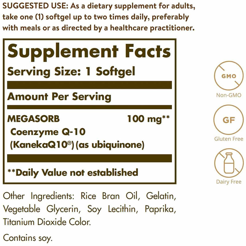 Solgar Megasorb CoQ-10 100 mg - 60 Cápsulas Blandas - Tabla Nutricional - Puro Estado Físico