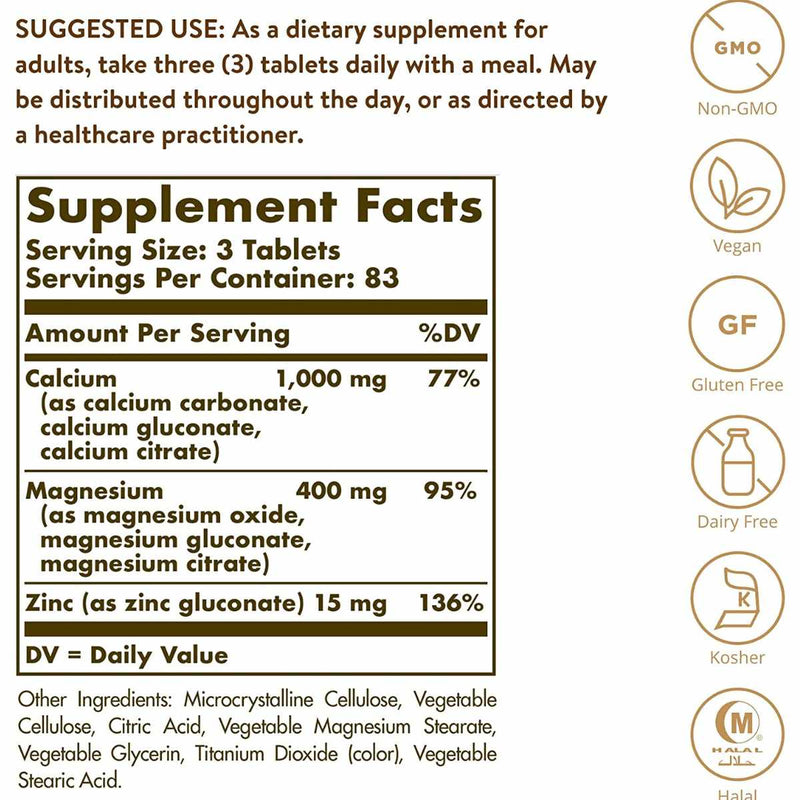 Solgar Calcio Magnesio Más Zinc - 250 Tabletas - Tabla Nutricional - Puro Estado Físico