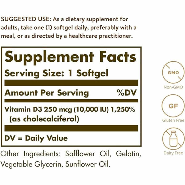 Solgar Vitamina D3 - 120 Cápsulas Blandas - Tabla Nutricional - Puro Estado Físico