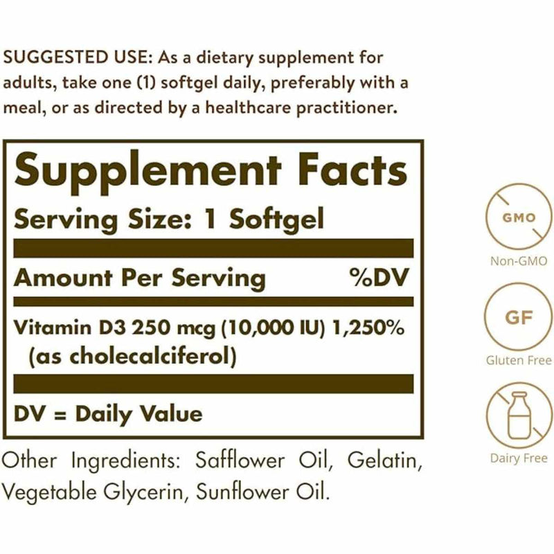 Solgar Vitamina D3 - 120 Cápsulas Blandas - Tabla Nutricional - Puro Estado Físico