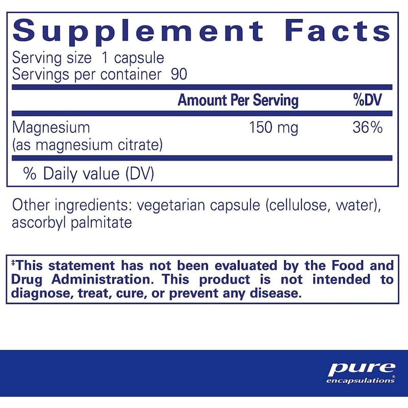 Pure Encapsulations Citrato de Magnesio  - 90 Cápsulas - Tabla Nutricional - Puro Estado Físico