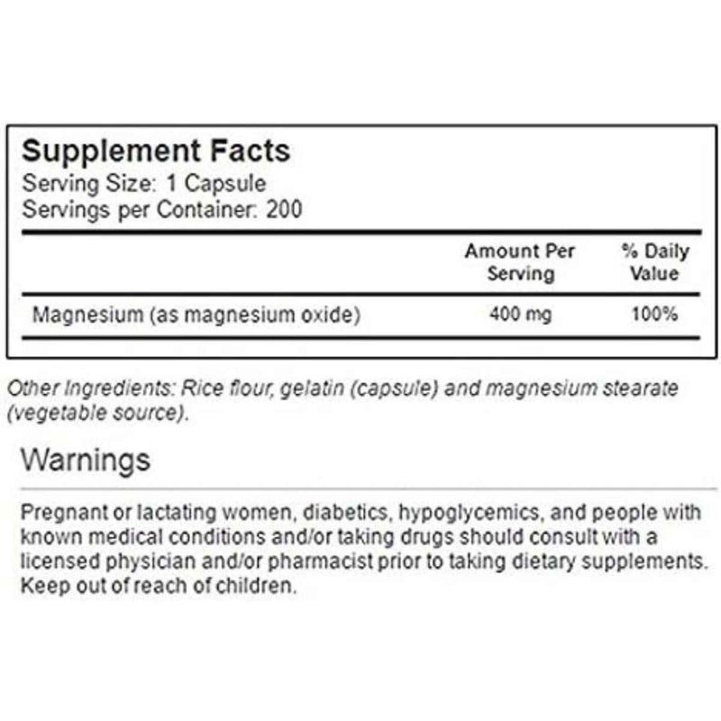 Vitacost Magnesio 400 mg - 200 Cápsulas - Tabla Nutricional - Puro Estado Físico