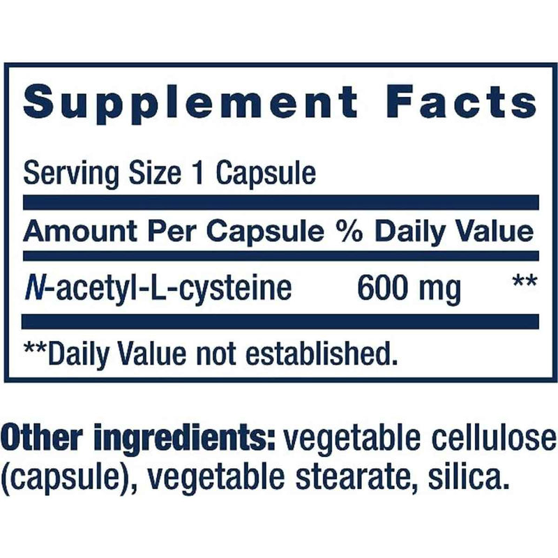 Life Extension N-Acetil L-Cisteína 600 mg - 60 Cápsulas - Tabla Nutricional - Puro Estado Físico