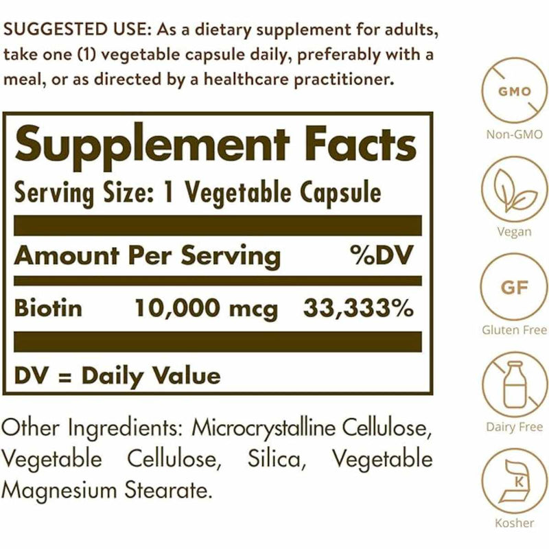 Solgar Biotina  1000 mcg - 120 Cápsulas Vegetales - Tabla Nutricional - Puro Estado Físico