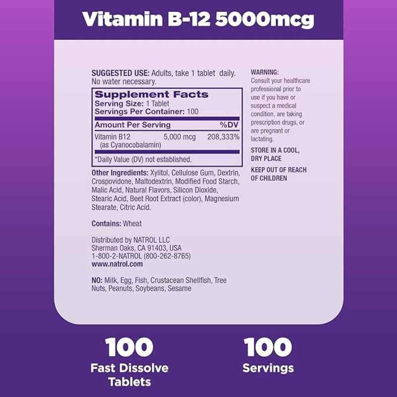Natrol Vitamina B12 5000 mcg - Sabor Fresa - 100 Tabletas - Tabla Nutricional - Puro Estado Físico
