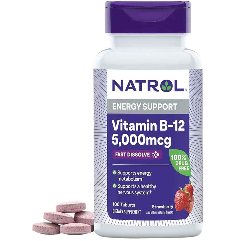 Natrol Vitamina B12 5000 mcg - Sabor Fresa - 100 Tabletas - Puro Estado Físico