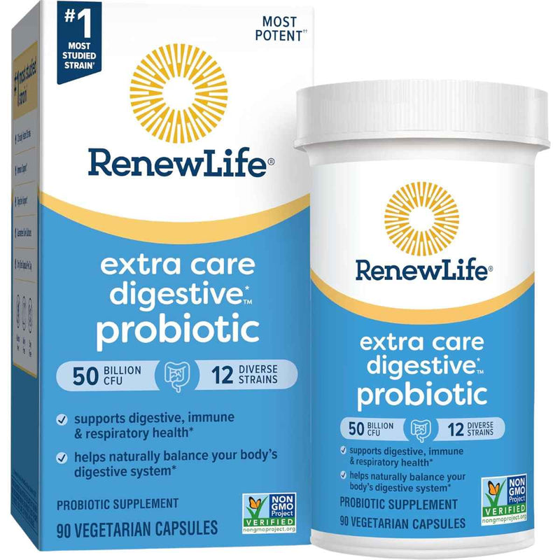 Renew Life Extra Care Digestive Probiotico 50 Mil Millones CFU - 90 Cápsulas Vegetarianas - Puro Estado Físico