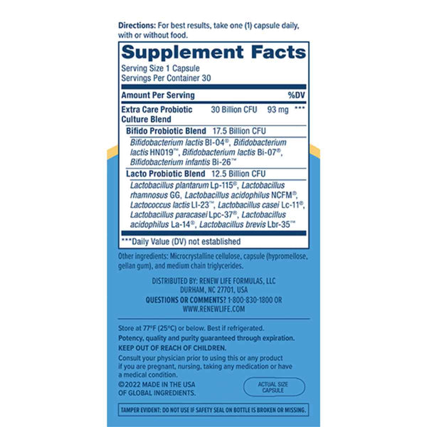 Renew Life Cuidado Extra Digestivo - Probiótico 30 Mil Millones CFU - 30 Cápsulas Vegetales - Tabla Nutricional - Puro Estado Físico