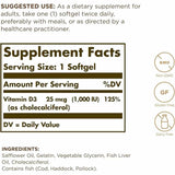 Solgar Vitamina D3 Colecalciferol 25 MCG 1000 IU - 100 Cápsulas Blandas - Tabla Nutricional - Puro Estado Físico