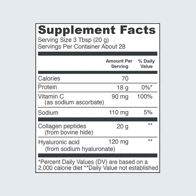 Vital Proteins Polvo de Colágeno con Ácido Hialurónico y Vitamina C - 567 g - Tabla Nutricional - Puro Estado Físico