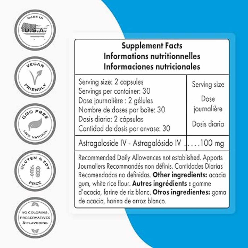 SuperSmart Astragalósido IV 100 mg - 60 Cápsulas Vegetarianas - Tabla Nutricional - Puro Estado Físico