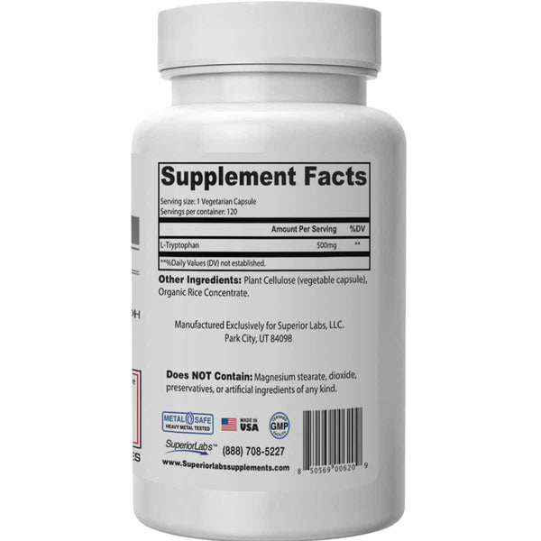 Superior Labs L-Triptófano  500 mg - 120 Cápsulas Vegetales - Tabla Nutricional - Puro Estado Físico