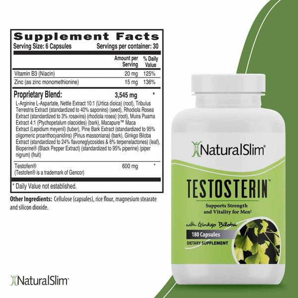 NaturalSlim  Testosterin Soporte de Testosterona para Hombres  - 180 Cápsulas - Tabla Nutricional - Puro Estado Físico