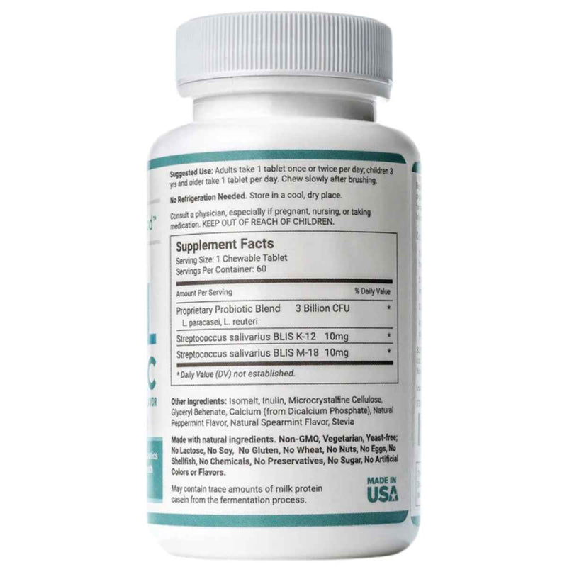 Replenish the Good Probiótico para Salud Dental 3 Mil Millones CFU - Sabor Menta - 60 Tabletas Masticable - Tabla Nutricional - Puro Estado Físico