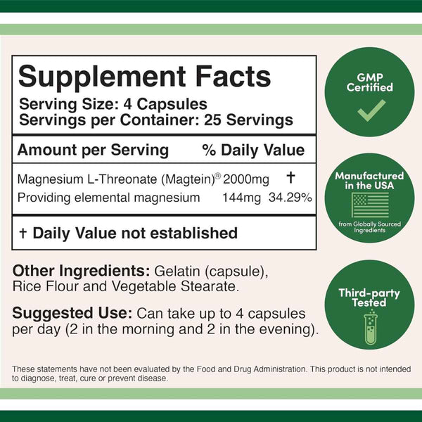 Double Wood Supplements L-Treonato De Magnesio 2000 mg - 100 Cápsulas - Tabla Nutricional - Puro Estado Físico