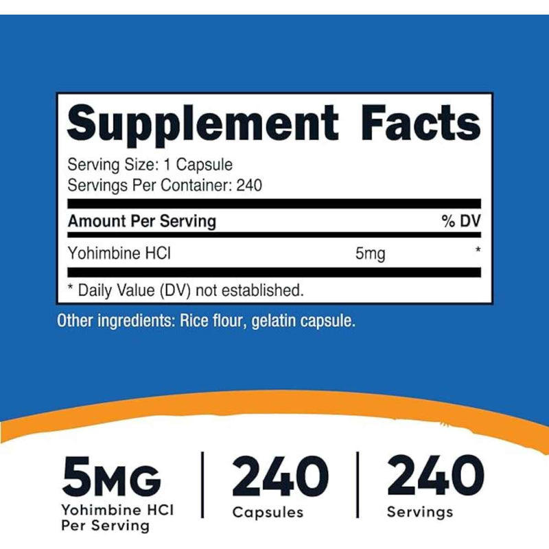 Nutricost Yohimbina  5 mg - 240 Cápsulas - Tabla Nutricional - Puro Estado Físico