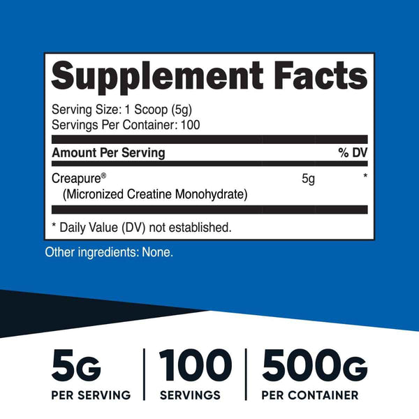Nutricost Monohidrato de Creatina Creapure® 5 g - 500 g - Tabla Nutricional - Puro Estado Físico