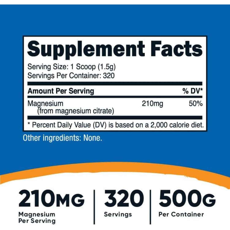 Nutricost Citrato de Magnesio 210 mg - 500 g - Tabla Nutricional - Puro Estado Físico