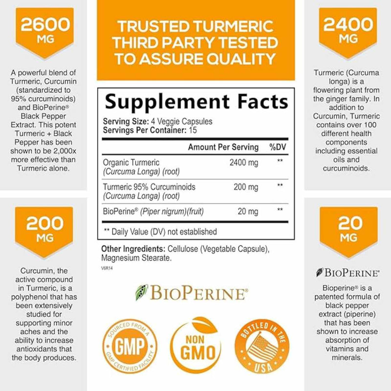 Nature's Nutrition Cúrcuma con BioPerine  2600 mg - 60 Cápsulas Vegetales - Tabla Nutricional - Puro Estado Físico