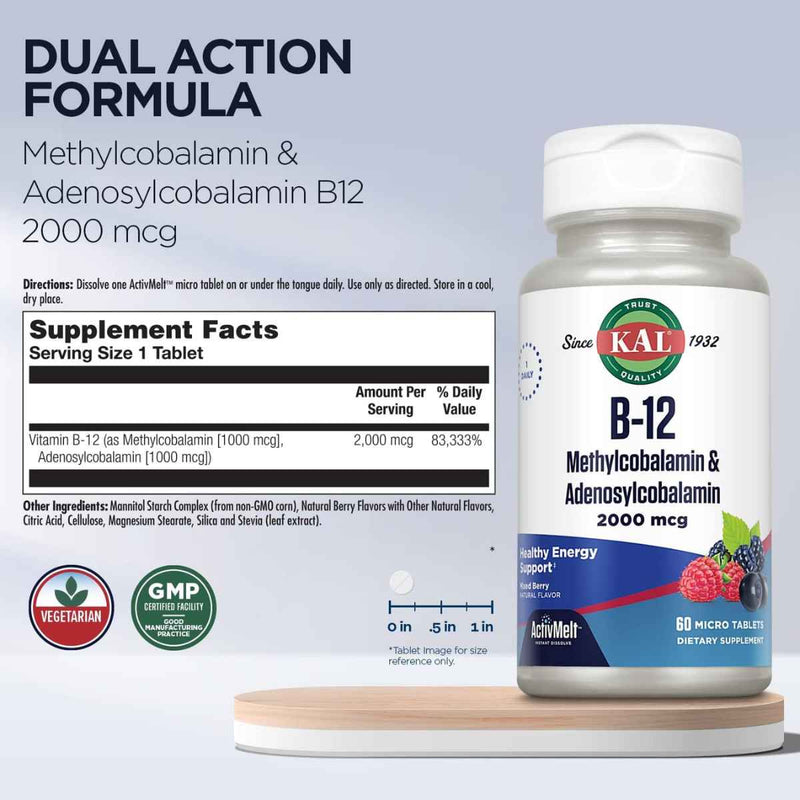 KAL Vitamina B12 Metilcobalamina y Adenosilcobalamina 2000 mcg - Mezcla de Bayas - 60 Micro Pastillas - Puro Estado Fisico