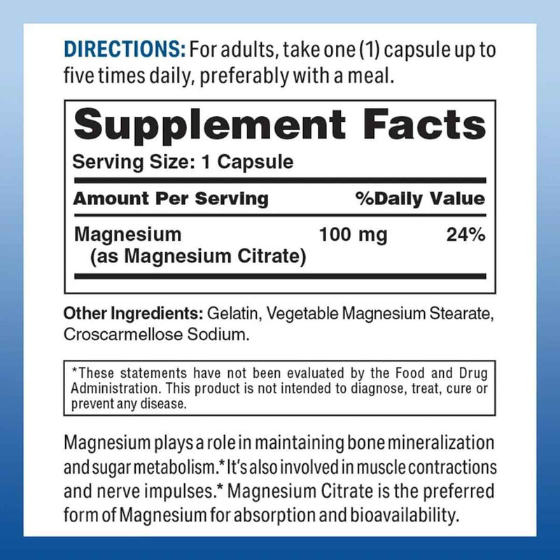 Vita World Citrato de magnesio 100 mg - 100 Cápsulas - Tabla Nutricional - Puro Estado Físico