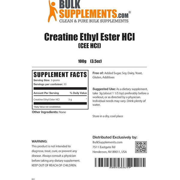 BulkSupplements.com Éster etílico de creatina HCl - 100 g - Tabla Nutricional - Puro Estado Físico