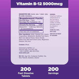 Natrol Vitamina B12 5000 mcg - Sabor Fresa - 200 Tabletas - Tabla Nutricional - Puro Estado Físico
