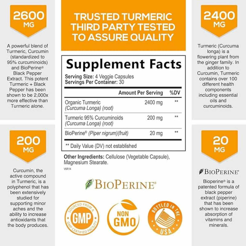 Nature's Nutrition Cúrcuma con BioPerine  2600 mg - 120 Cápsulas Vegetales - Tabla Nutricional - Puro Estado Físico