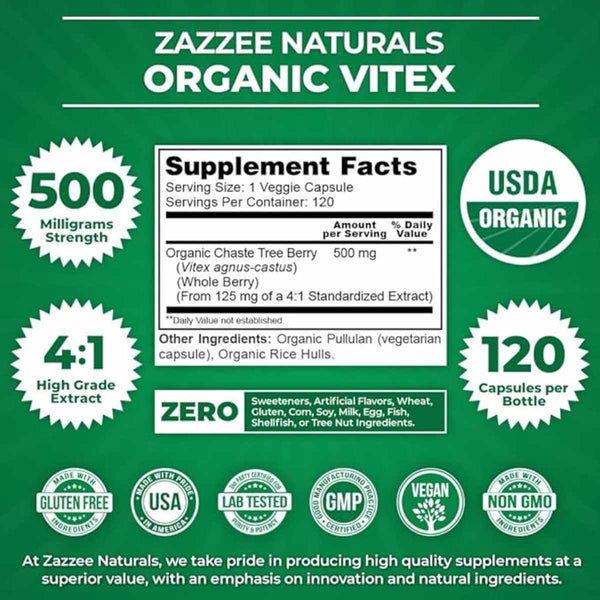 Zazzee Vitex Orgánico Soporte de Hormonas Equilibradas  500 mg - 120 Cápsulas Vegetales - Tabla Nutricional - Puro Estado Físico