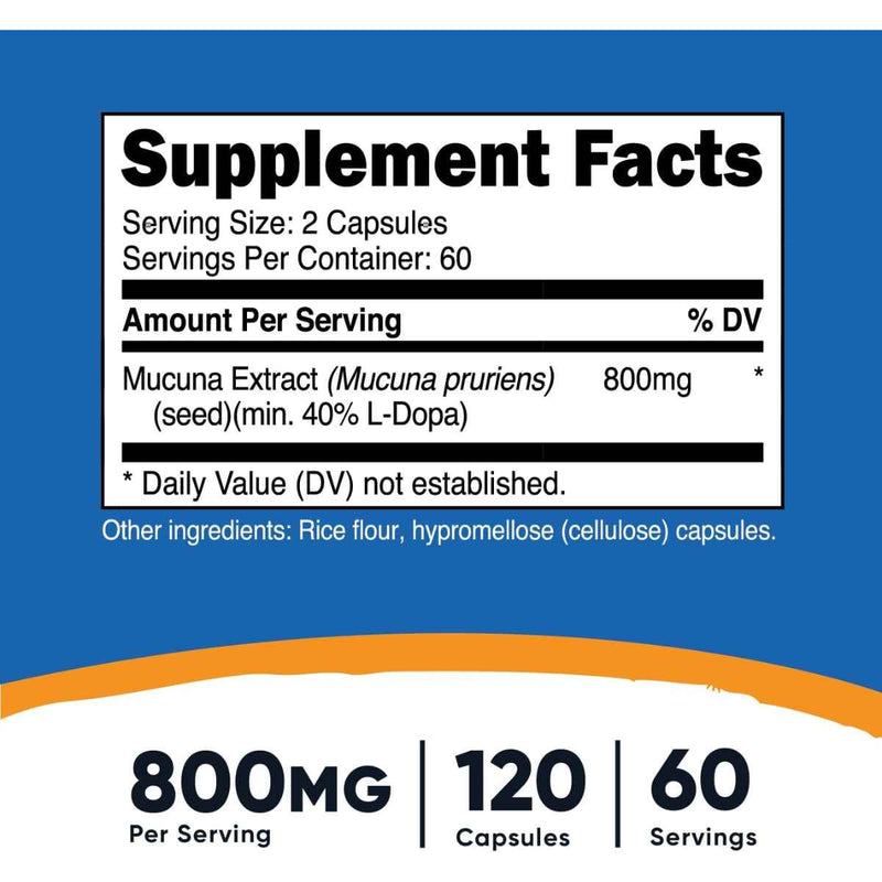 Nutricost Mucuna Pruriens 800 mg - 120 Cápsulas - Tabla Nutricional - Puro Estado Fisico