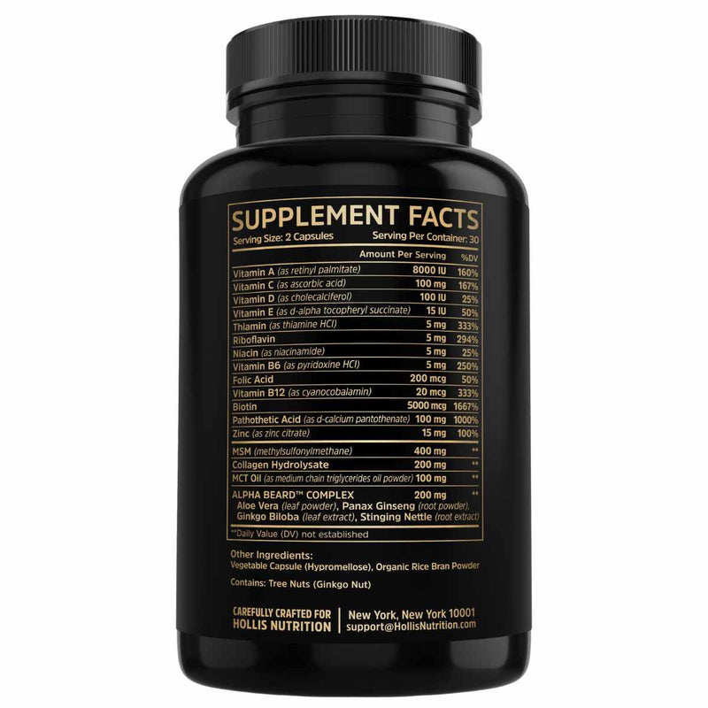 Hollis Nutrition  Alpha Beard - 60 Cápsulas Vegetales - Tabla Nutricional - Puro Estado Físico