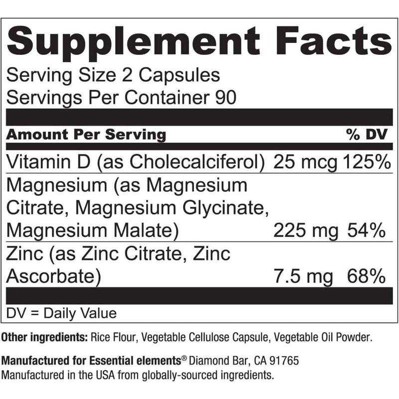 Essential Elements Magnesio Plus con Zinc y D3: Soporte Cardíaco e Inmunológico 225 mg - 180 Cápsulas - Tabla Nutricional - Puro Estado Físico