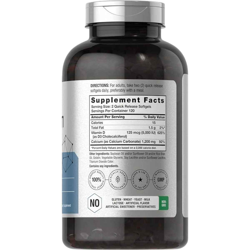 Horbäach Calcio con Vitamina D3  1200 mg - 240  Cápsulas Blandas - Tabla Nutricional - Puro Estado Físico
