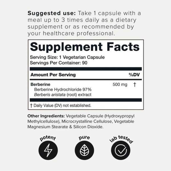 Toniiq Berberine 500 mg - 90 Cápsulas Vegetarianas - Tabla Nutricional - Puro Estado Físico