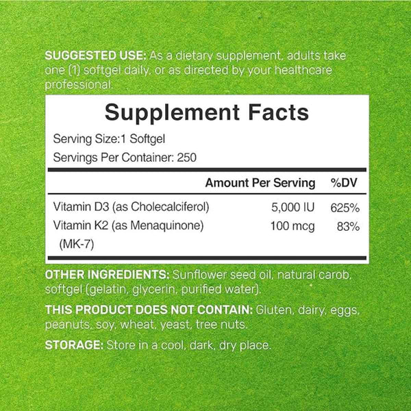 Deal Supplement Vitamina D3 con K2 5000 IU - 250 Cápsulas Blandas - Tabla Nutricional - Puro Estado Físico