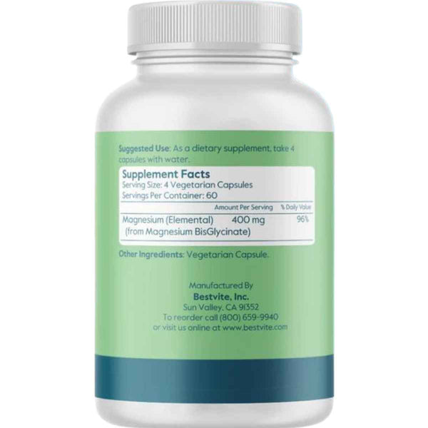  Bestvite Glicinato de Magnesio 400 mg - 240 Cápsulas Vegetarianas - Tabla Nutricional - Puro Estado Físico