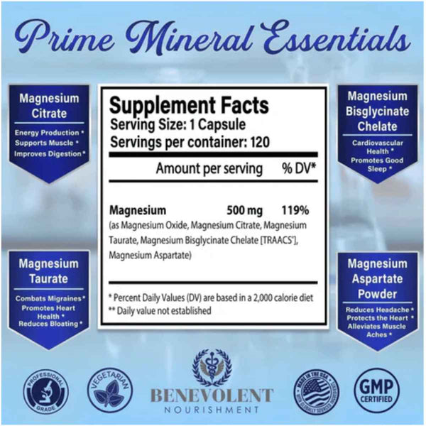 Benevolent Nourishment Complejo De Magnesio 500 mg - 120 Cápsulas Vegetales - Tabla Nutricional - Puro Estado Físico