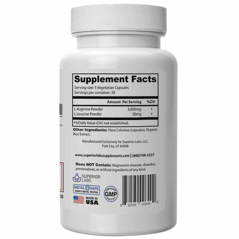 Superior Labs L-Arginina 3000 mg - 150  Cápsulas Vegetales - Tabla Nutricional - Puro Estado Físico