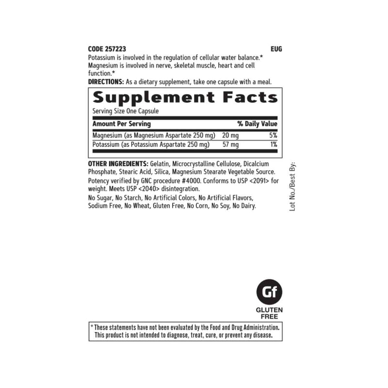 GNC Aspartato De Potasio y Magnesio 250 mg - 120 Cápsulas - Tabla Nutricional - Puro Estado Físico