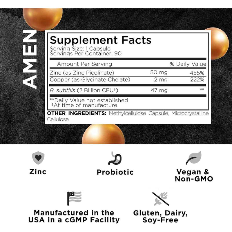 Amen Suplemento de Zinc Y Cobre con Probióticos - 90 Cápsulas Vegetales - Tabla Nutricional - Puro Estado Físico