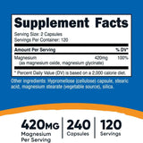 Nutricost Magnesio 420 mg - 240 Cápsulas - Tabla Nutricional - Puro Estado Físico