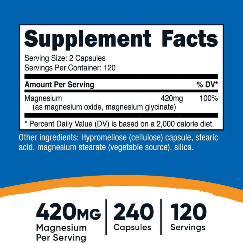 Nutricost Magnesio 420 mg - 240 Cápsulas - Tabla Nutricional - Puro Estado Físico