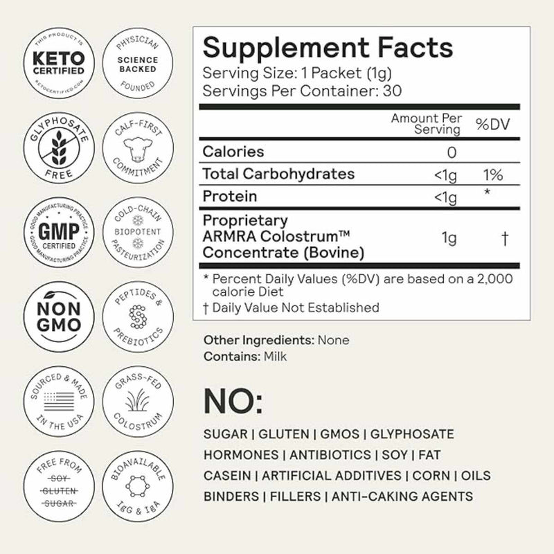 ARMRA Calostro Bovino - 30 Paquetes - Tabla Nutricional - Puro Estado Físico