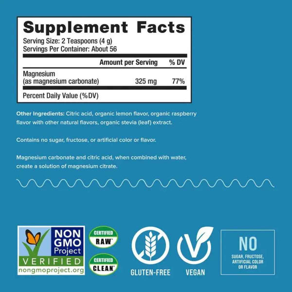 Natural Vitality Calm Magnesio 325 mg - Sabor Frambuesa Limón - 226 g - Tabla Nutricional - Puro Estado Físico