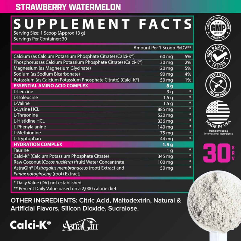 Nutrex Research Hidratación y Recuperación EAA - Sabor Fresa y sandía - 13,76 g - Tabla Nutricional - Puro Estado Físico