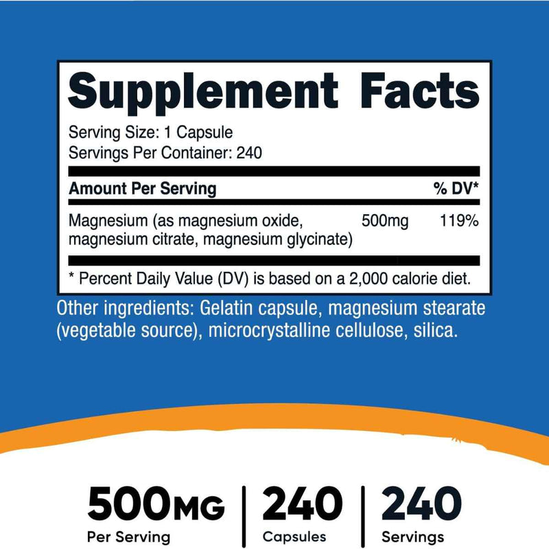 Nutricost Complejo de Magnesio 500 mg - 240 Cápsulas - Tabla Nutricional - Puro Estado Físico