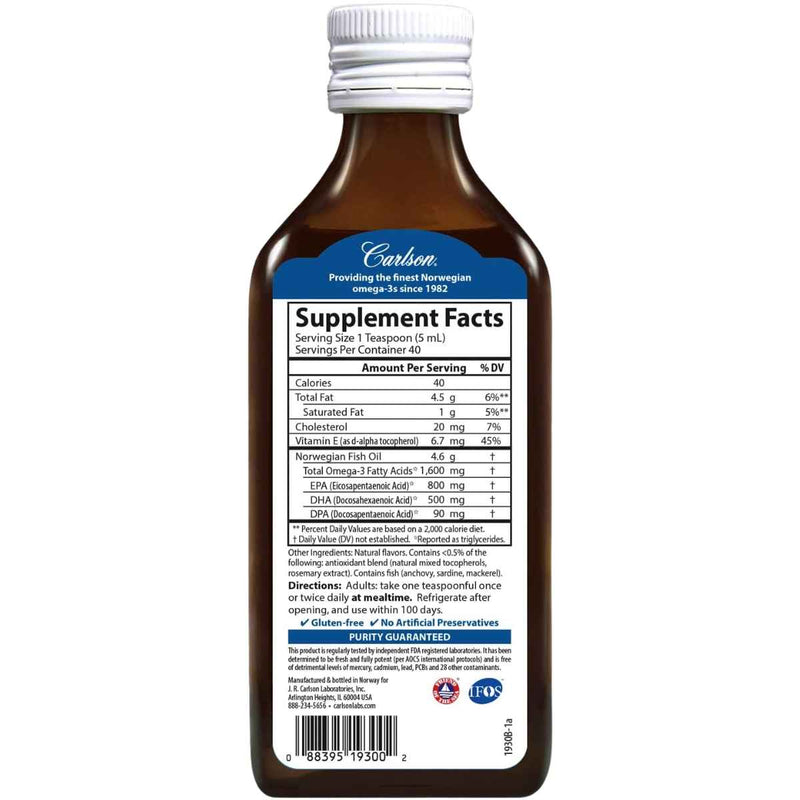 Carlson Aceite de pescado 1600 - Sabor Mezcla bayas - 200 ml - Tabla Nutricional - Puro Estado Físico