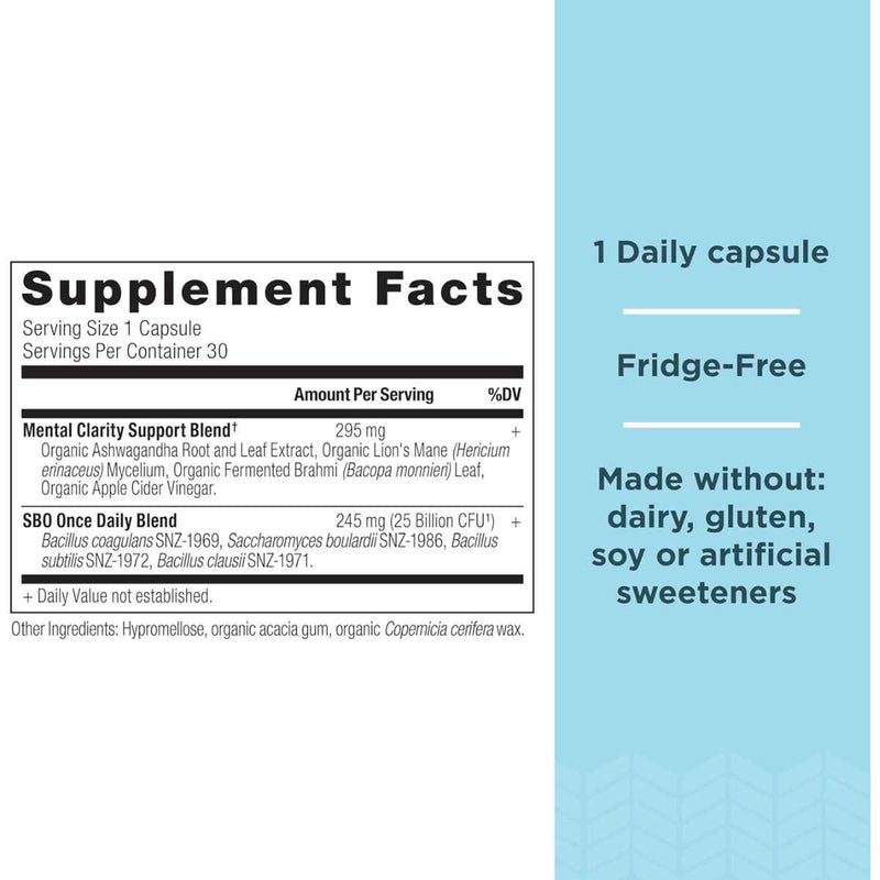 Ancient Nutrition Probióticos SBO Claridad Mental Diaria - 30 Cápsulas - Tabla Nutricional - Puro Estado Físico
